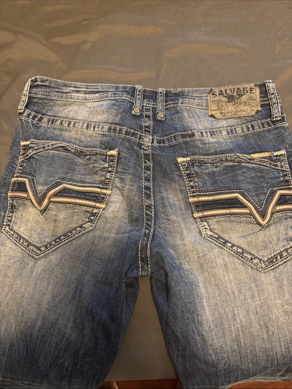 Salvage Men’s Distressed Blue Denim Jeans with Contrast Pocket Trim